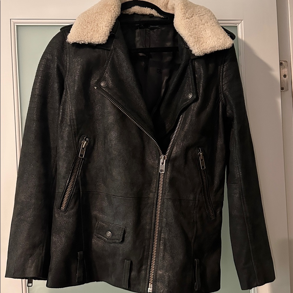 The Kooples Soft Black Leather Biker Jacket. Detachable Fleece Collar. Like New.
